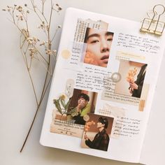 an open notebook with pictures and flowers on it