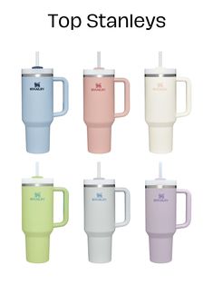 the top stanleys travel mug is shown in four different colors