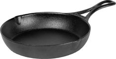 a black frying pan with an iron handle on a white background for use in cooking