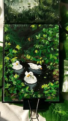 a painting of swans swimming in a pond surrounded by green plants and leaves on a white background