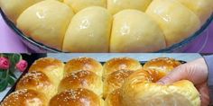 there are two pictures with different types of breads in the same pan, and one is