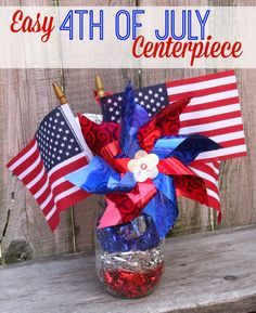 an easy 4th of july centerpiece made out of red, white and blue streamers