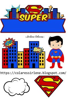 the superman logo is shown in blue, red and yellow with other superheros around it