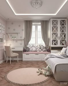 a bedroom with white walls and wooden floors is decorated in pastel colors, including pink