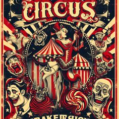 an old circus poster with clowns and skulls on the front, in red and white