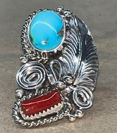 Measures 1.5" tall 3/4" wide Turquoise And Coral, Feather Design, Sterling Silver Ring, Band Rings, Native American, Silver Ring, Sterling Silver Rings, Jewelry Rings, Ring Size