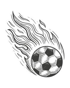 a black and white drawing of a soccer ball with fire coming out of the back