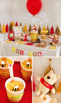 a winnie the pooh birthday party with food and decorations