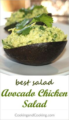 an avocado chicken salad on a white plate