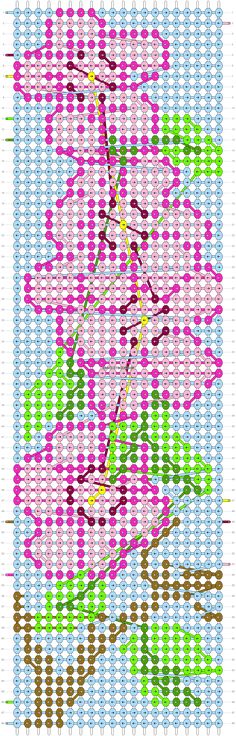 a cross stitch pattern in pink, green and brown