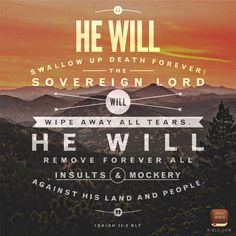 He will swallow up death forever. Our sovereign Lord will wipe away all tears. Isaiah Bible, Isaiah 25, Lord God, Daily Bible Study, Scripture Art, Daily Bible, Verse Of The Day, Scripture Verses, Holy Bible