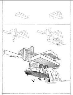 an architectural drawing of a house in the sky with water coming out of its windows