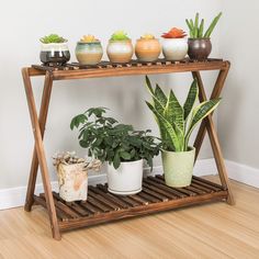 a wooden shelf with potted plants on it