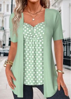 Color:Green;Size:M;Size:L;Size:XL;Size:XXL;Package Contents:1 X Fake Two Piece Twinset;Occasion:Other;Style:Casual; Elegant Dresses Plus Size, Beach Bridesmaid Dresses, Mix Match Outfits, Trendy Tops For Women, Feminine Top, Shirt Tunic Top, Plaid Outfits, Polka Dot Shorts, Green Heart