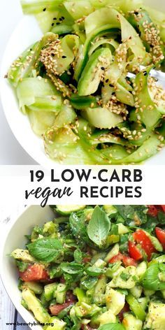 two pictures with different types of vegetables and the words, 19 low carb vegan recipes