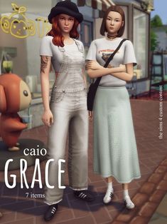 two women standing next to each other in front of a storefront with the caption'cajo grace 7 items '