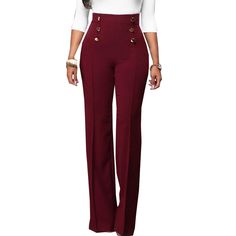 Burgundy Button Detail Casual Flare Pants Full Length Wide Leg Pants With Buttons For Office, Wide Leg Full Length Pants With Buttons For Office, Solid Color High-waisted Dress Pants With Buttons, High-waisted Solid Color Dress Pants With Buttons, High-waisted Dress Pants With Buttons, Solid Dress Pants With Buttons For Workwear, Solid Color Bottoms With Button Closure For Office, Non-stretch Full-length Bottoms With Button Closure, Office Bottoms With Button Closure