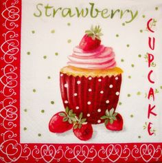 a cupcake with strawberries on it and the words strawberry cupcake written in cursive writing