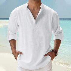 Season:Spring  Summer; Fabric:Cotton And Linen; Sleeve Length:Long Sleeve; Look After Me:Wet and Dry Cleaning,Washable; Gender:Men's; Style:Comfortable,Fashion,Casual,Classic; Tops Type:Linen Shirt,Casual Shirt,Henley Shirt,Beach Shirt; Occasion:Hawaiian,Beach,Holiday,Vacation; Pattern:Plain; Neckline:Henley; Listing Date:03/21/2023; Bust:; Length:; Shoulder Width:; Fit US Size:null; Fit UK Size:null; Fit EU Size:null Casual V-neck Shirt For Beach Season, Casual V-neck Shirt For Beach, Beach Season Cotton Shirt With Casual Collar, Solid Long Sleeve Vacation Shirt, White V-neck Beach Shirt, Summer Casual Collar Tops For Vacation, Vacation Long Sleeve Shirt, Summer Beach Top With Relaxed Collar, Vacation Shirt For Beach Season