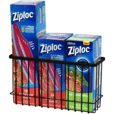 three boxes of ziploc are stacked on top of each other in a rack