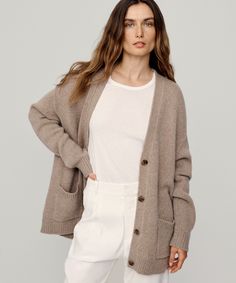 Cashmere Spencer Cardigan Almond With a plush feel and easy, boyfriend-inspired fit, this 100% cashmere cardigan features a jersey stitch and classic pockets to deliver a borrowed-from-the-boys look. Pair this knit with the Demi Pant or Velvet Stella Dress for a cozy layer, or don it as our version of a California coat. | Jenni Kayne Women's Cashmere Spencer Cardigan Sweater Size 2X-Small Jenny Kayne Sweater Coat, Luxury Cashmere Crew Neck Cardigan, Glenna Cashmere Sweater, Luxury Cashmere Cardigan For Loungewear, Cashmere Cardigan Outfit, Sweater Cardigan Outfit, Stella Dress, Cardigan Outfit, Boyfriend Cardigan