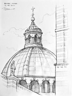 a drawing of a domed building with a statue on top