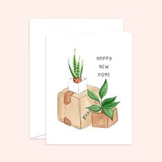 a card with an illustration of a house plant in a box and the words happy new home