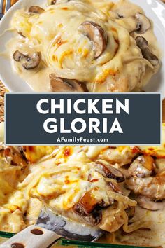 chicken glora with cheese sauce and mushrooms on top