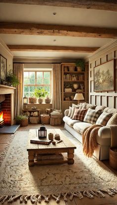 a living room filled with furniture and a fire place next to a window in front of a fireplace