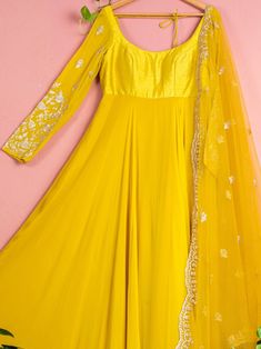 Yellow Floor-length Anarkali Set With Chikankari Embroidery, Yellow Georgette Dresses With Gota Work, Yellow Anarkali Set With Chikankari Embroidery, Floor-length, Designer Yellow Georgette Gown, Yellow Anarkali Set With Chikankari For Festive Occasions, Festive Yellow Anarkali Set With Chikankari Embroidery, Yellow Georgette Gown For Diwali, Yellow Floor-length Dress With Sheer Dupatta, Yellow Maxi Length Sets For Navratri