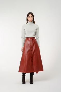 Long sleeve turtleneck sweater. Fitted. Body: 90% Wool, 10% Cashmere Made in Georgia Turtleneck And Skirt Outfit, Turtleneck And Skirt, Long Leather Skirt, Belted Skirt, Faux Leather Midi Skirt, Button Skirt, Leather Midi Skirt, Skirt Belt, Cashmere Turtleneck