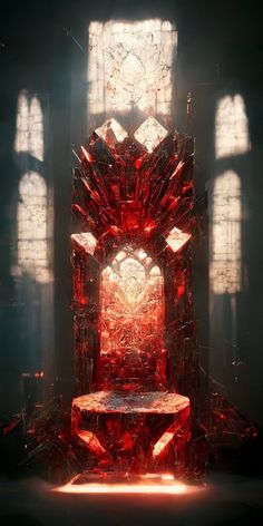 a throne made out of red glass in front of two windows with sunlight streaming through them