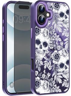 an iphone case with skulls and flowers on it, both in purple color blocking the screen