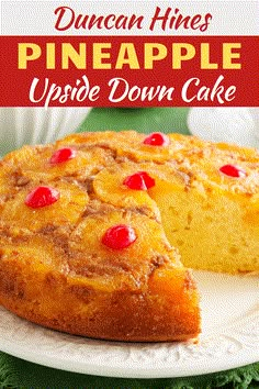 a pineapple upside down cake on a white plate with a red and green napkin