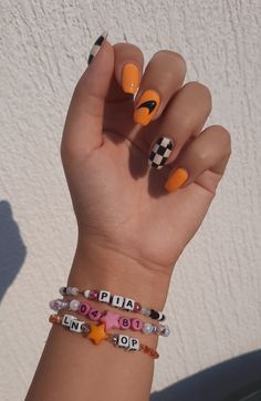 F1 Nails Mercedes, F1 Nail Ideas, Lando Norris Inspired Nails, Formula 1 Nails Designs, Mclaren Nails F1, Lando Norris Nail Design, Ferrari Nail Art, Car Themed Nails, Max Verstappen Nails