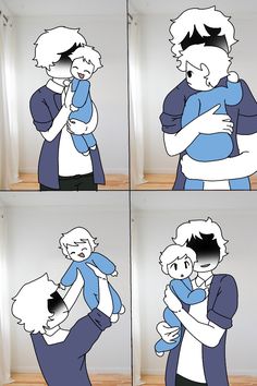 four pictures of people hugging each other in different poses, with one person holding the other