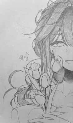 a pencil drawing of a girl with flowers in her hair and the number four behind her