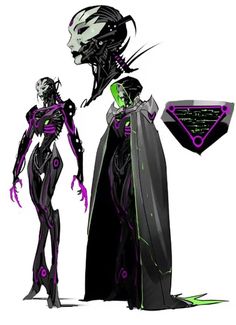 an alien standing next to a man in a black suit and purple cape with green accents