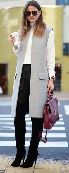 Outfit Grey, Long Sweater Vest, Style Parisienne, Vest Cardigan