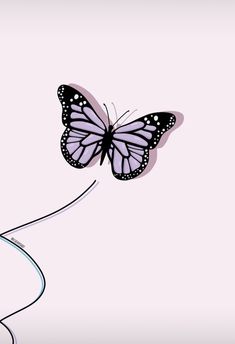 a butterfly flying over a white wall with a black and pink design on it's wings