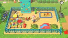 an animal crossing game in the middle of a park with children's play equipment