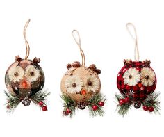 three christmas ornaments are hanging from twine strings and decorated with snowflakes, pine cones and berries