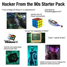 an advertisement for the computer game hacker from the 90's starter pack, with images of people and computers