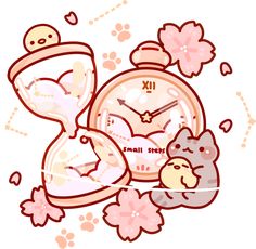 an animal clock with flowers and hearts around it