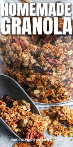 homemade granola in a bowl with spoons on the side and text overlay reading homemade granola