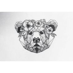 a black and white drawing of a bear with flowers on it's head in geometric shapes