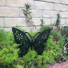 a black butterfly sitting on top of green grass next to a brick wall and bushes