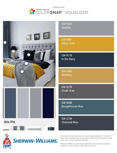 the color scheme for this bedroom is gray and yellow