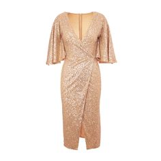 Midi length dress made in sequin gold fabric, with V neckline and buterfly sleeves. Dry clean only. Casual Dresses Midi, Party Dress Midi, Angel Sleeve Dress, Gold Party Dress, Angel Sleeves Dress, Gold Sequin Dress, Sous Chef, Angel Sleeve, Midi Dress Party