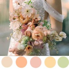 a woman holding a bouquet of flowers in her hand with color swatches on the side